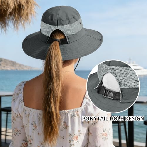 Ponytail Sun Bucket Hats for Women UV Protection Foldable Wide Brim (1 Pack-gray)