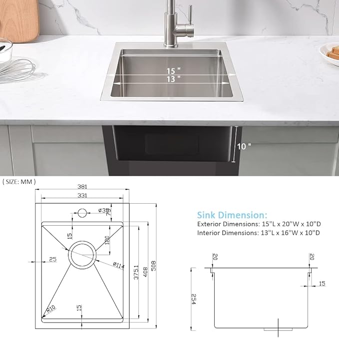 15 Inch Drop In Bar Sink Workstation-Bokaiya 15x20 Small Kitchen Outdoor Rv - Image 8