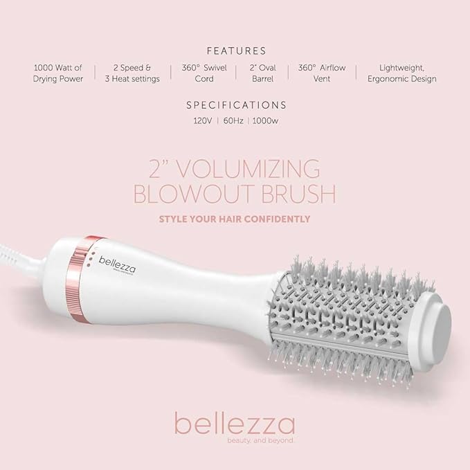 Cortex Beauty 2" Volumizing Blowout Brush – Professional Hot Brush with 1000W Drying Power, Oval Barrel, 360° Airflow, Multiple Heat Settings for Lift & Shine (Rose White Gold)