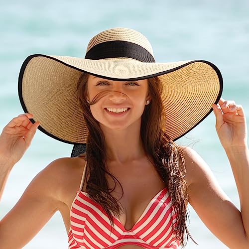 Womens Bowknot Straw Hat Foldable Beach Sun Hat Roll up UPF 51+ (Big Bow / Beige 5.9" Brim a)