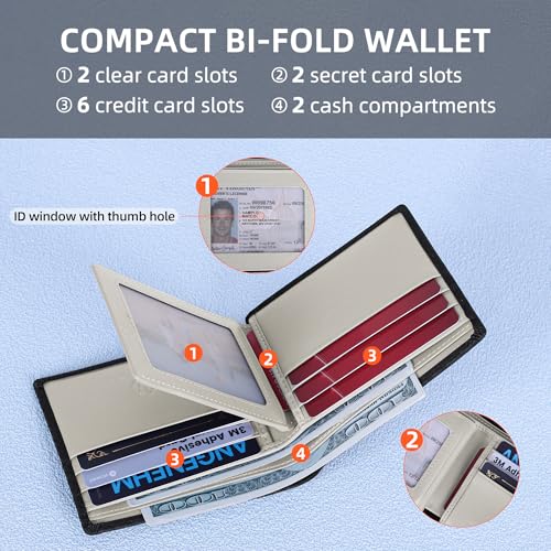 Mens Carbon Fiber Leather Bifold Wallet with 2 ID Windows (Black+Light Gray)