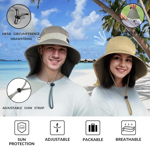 Cooling Sun Hat for Men Women UPF50+ Wide Brim Fishing Hat with Neck Flap Adjustable Foldable Bucket Hat for Hiking Grey (Grey)