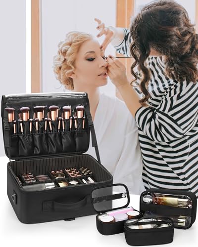 Large Makeup Case Travel Makeup Train Case Professional Makeup Artist Bag Portable Nail Organizer Box Art Supply Case with Adjustable Dividers (Black with 3 clear bags / Large)