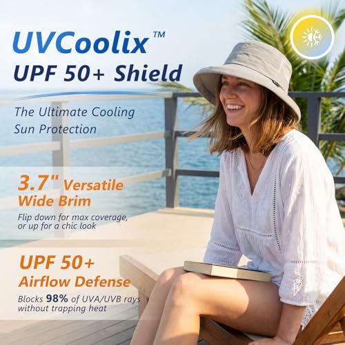 Sun Hats Women Wide Brim UV Protection UPF 50 with Ponytail Hole Foldable Bucket Hat for Summer Travel Outdoor Camping Gardening Waterproof Lightweight and Breathable Cream Beige M (Cream Beige / Medium)