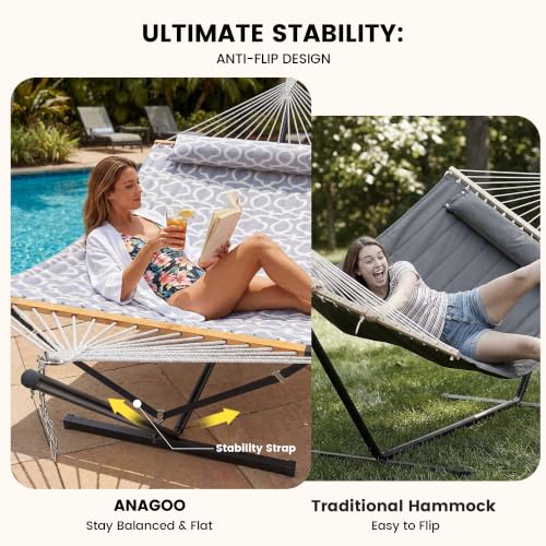 Double Hammock with Stand 500lbs Heavy Duty Outdoor Two Person White (White Grey)