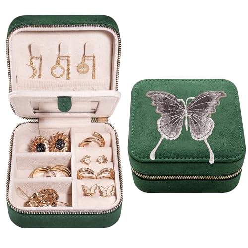 Travel Jewelry Organizer Boxes for Women Small Portable Necklace Earrings Bracelet Rings Travel Case Best Friend Birthday Gifts for Women Trendy (Butterfly_Green_Gray)