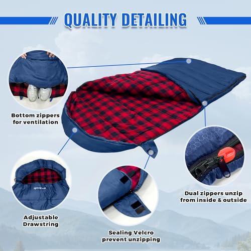 0 Degree Sleeping Bag Cotton Flannel Winter Cold Weather for Adults XXL Sleeping Bag 4 Season Big and Tall with Pillow Compression Sack (NAVY_R)
