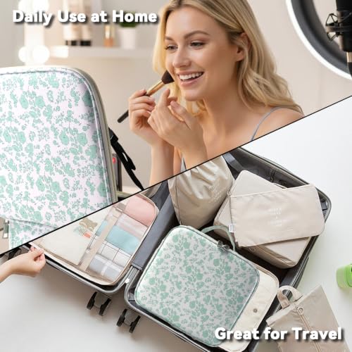 Travel Makeup Bag with LED Mirror Toiletry Bag for women with 3 Lighted Settings (Green Flower / With LED Mirror Only)
