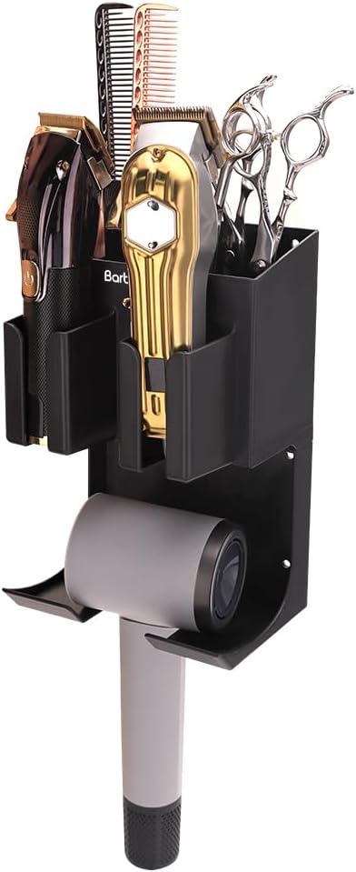 Hair Tool Organizer Wall Mounted, Hair Dryer and Styling Holder with Towel Bar, Bathroom Blow Dryer Holder, Farmhouse Vanity Caddy Storage Stand for Accessories Makeup(Black)