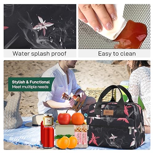 Insulated Lunch Bag for Women Men (Pink Flowers)