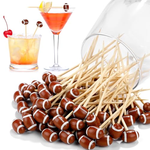 100 Pieces Football Decorative Sports Ball End Cocktail Skewers 4.7 Inch Bamboo Cocktail Picks Wooden Decorative Fruit Toothpicks for Appetizers Bar Drinks Fruit Sandwich Buffets Party Supplies (Football)