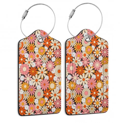 2 Pack Luggage Tag for Suitcase (Vintage Groovy Flowers)