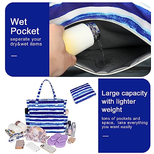 Waterproof Beach Tote Pool Bags for Women Ladies Extra Large Gym Tote Carry On Bag With Wet Compartment for Weekender Travel (Blue White Stripes)