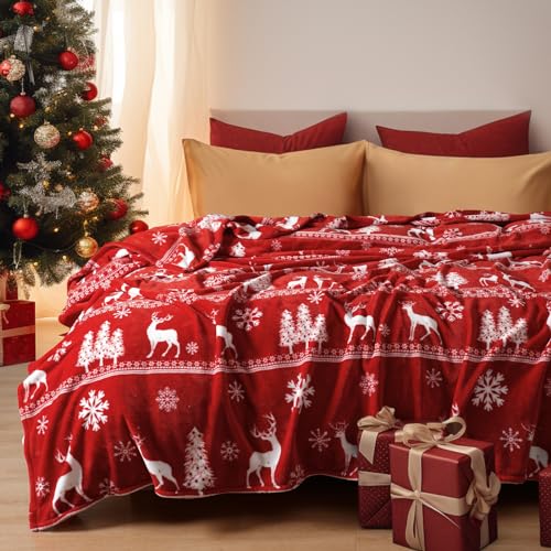 Christmas Fleece Blanket Queen (Reindeer/Trees / Queen(90" X 90"))