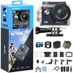 EK7000 4K30FPS 20MP WiFi Action Camera with 64GB MicroSD Memory Card Bundle EIS Ultra HD 131FT Waterproof Underwater Camera Remote Control 4X Zoom Support External Microphone Black (Deep Black)