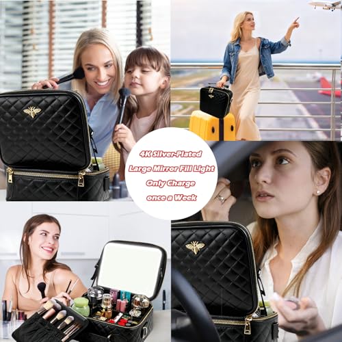 Travel Makeup Bag with Light Up Mirror (Black Grid)