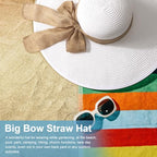 Womens Big Bowknot Straw Hat Foldable Sun Hats Floppy Beach Hat Large Roll up Cap UPF 50+ (White With Khaki Band/ 5.5" Brim, 1 Pack)
