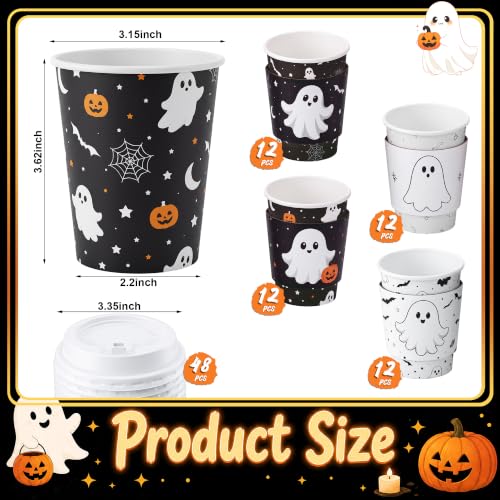 48 Sets 8 oz Halloween Disposable Coffee Cups with Lids and Sleeves (Ghost)