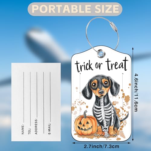 Halloween Funny Dachshund Dog and Pumpkin Set of 2 Luggage Tags for Suitcases Leather Suitcase Tags with Privacy Name Address Label and Stainless Steel Loop for Women Men Travel Luggage Accessories (Halloween Funny Dachshund Dog and Pumpkin)