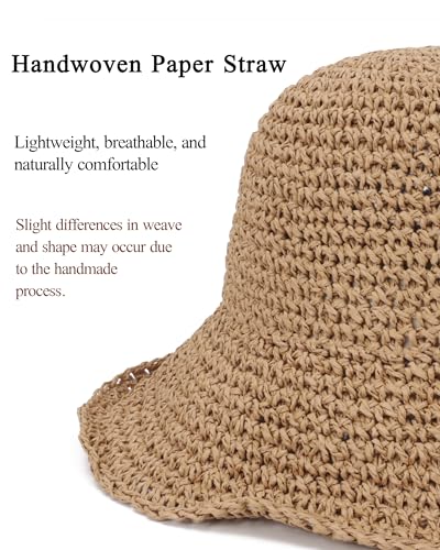 Womens Crochet Straw Sun Hat Foldable Floppy Wide Brim Beach Hat for Summer (One Size / Khaki)
