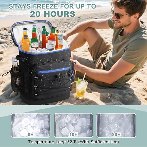 Large 52 Can Insulated Waterproof Leakproof Cooler Backpack (Black, Blue Zipper)