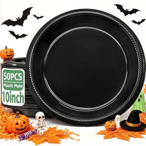 50 Pcs Black Plastic Plates (Black / 50 Pcs)