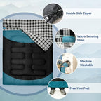 Cotton Flannel Double Sleeping Bag for Adults Machine Washable 2 Person Camping Sleeping Bag Queen Size Waterproof with Compression Sack for Cold Weather 3 (CYAN / Flannel)