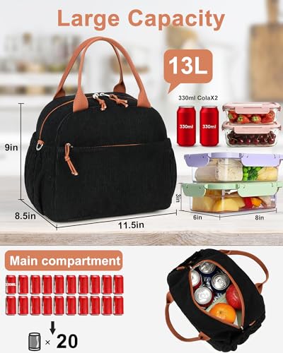 Lunch Bag for Women Men Cute Corduroy Lunch Tote Bags Reusable Insulated Lunch Box Large Capacity Reusable Insulated Cooler for Work Picnic or Travel (Corduroy Black brown-13L / 13L)