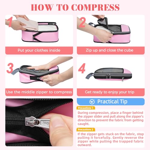 4 Set/6 Set/8 Set Compression Packing Cubes Travel Accessories Expandable Packing Organizers (Half Mesh, 6-Pink) (6-Pink / Half Mesh)