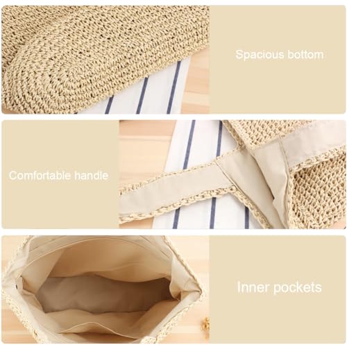 Straw Beach Bags for Women Straw Woven Beach Tote Bag Casual Boho Large Shoulder Handbags Purse for Vacation Holiday Picnic (E Beige)