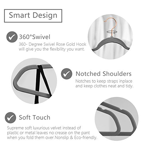 Gray Velvet Hangers 30 Pack Non Slip Heavy Duty Rose Gold Hooks (Gray/Rose Gold / 30-Pack)
