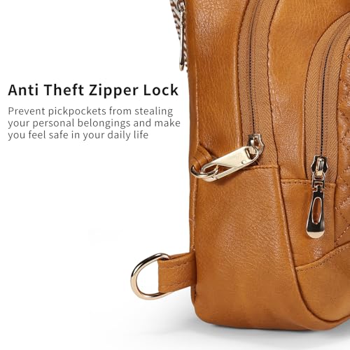 Crossbody Bags for Women Anti Theft Small Sling Handbag with Zipper Lock Vegan Leather RFID Blocking Chest Pure (Camel Brown)