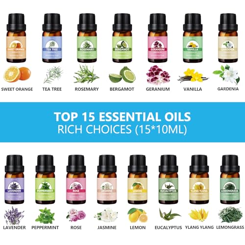 550ml Oil Diffuser with 15x10ml Aromatherapy Grade Essential Oils (Deep Colour-15)