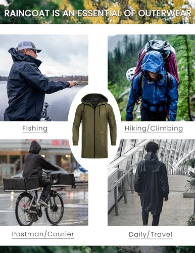 Long Hooded Raincoat Safety Waterproof Emergency Rain Jacket Poncho for Men Women Adults (Olive Green / 3X-Large)