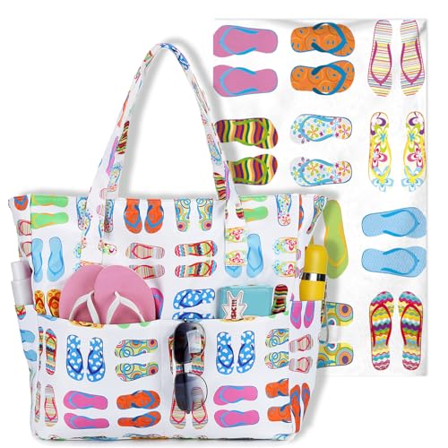 Waterproof Beach Tote Pool Bags for Women Ladies Extra Large Gym Tote Carry On Bag With Wet Compartment for Weekender Travel (Slipper)