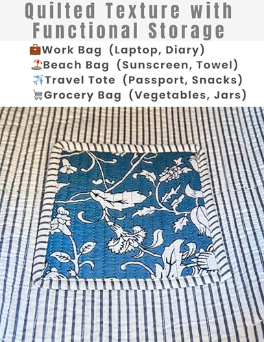100% Cotton Quilted Tote Bag For Women (Summerday Blue Floral Print)