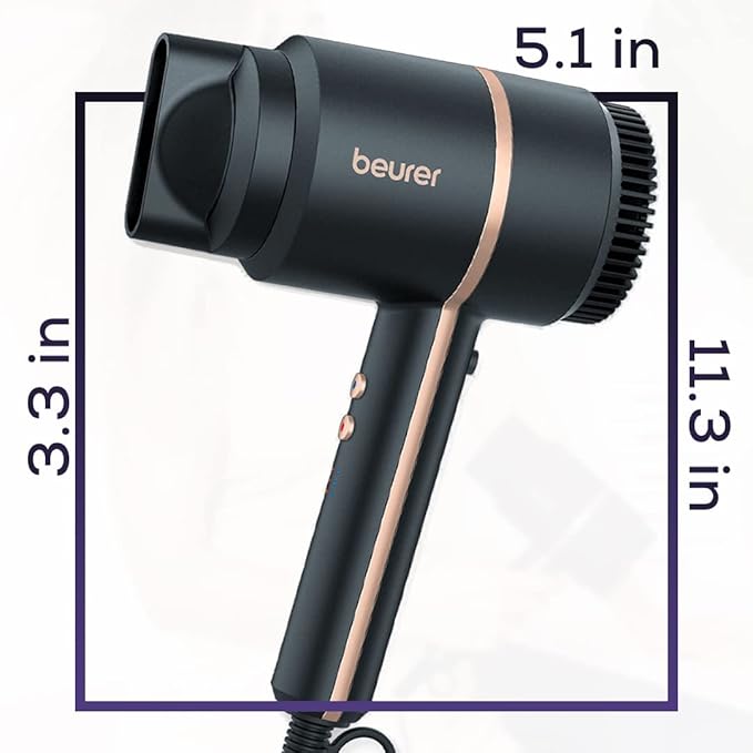 Beurer HC35 Compact Hair Dryer 1500-Watt Blow Dryer Ionic Technology Reduces Frizz Lightweight and Portable Travel Hair Dryer with 4 Temperature and 3-Speed Settings & Cold Air Function (Black)