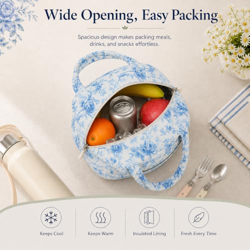 Lunch Bag for Women Cute Corduroy Lunch Tote Bags with Shoulder Strap Reusable Insulated Lunch Box Large Capacity Reusable Insulated Cooler for Work Picnic or Travel (Blue Floral Toile 231 / 10L)