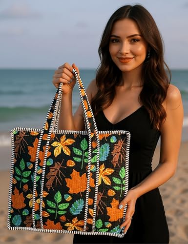 100% Cotton Quilted Tote Bag For Women (Black Beauty Choco Chic Floral Print)