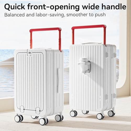SOKOK Front Pocket Luggage Wide Handle with Spinner Wheels 24 Inch (White)