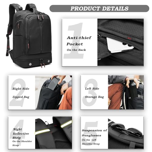 16 Inch Laptop Backpack Water Resistant Carry On Daypack Backpack Anti Theft Travel Rucksack Backpack with Shoe Compartment Shoulder Strap for Men Women (Black)