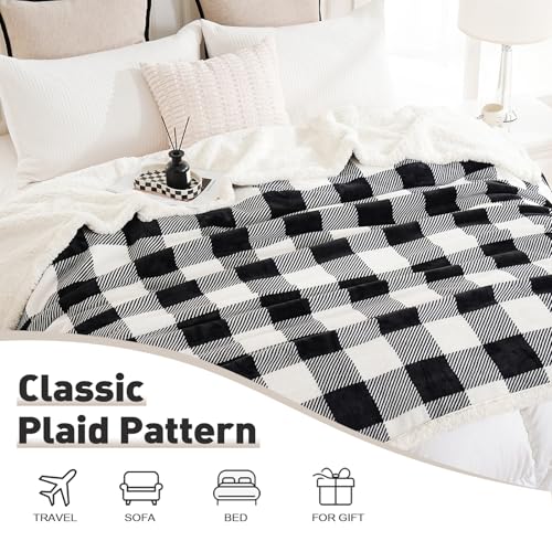 Sherpa Fleece Throw Blanket 80" x 90" Reversible Plush Fluffy Large Big Blanket Lattice Flannel Blankets for All Season Use (Black and White / 80"*90")