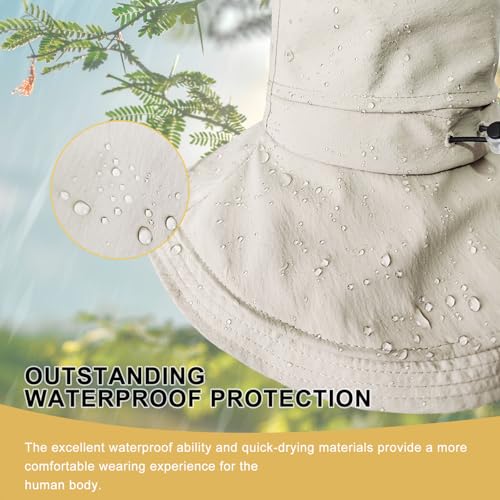 Sun Hats for Women Wide Brim Ponytail UV Protection Beach Hat Packable Waterproof Bucket Hat for Travel Hiking Gardening (Beige)