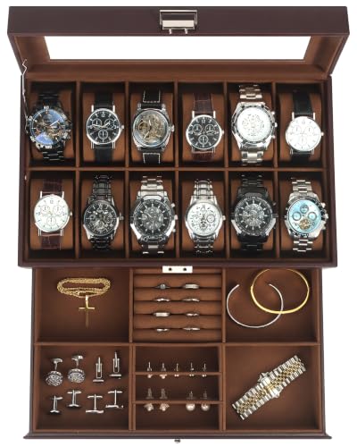 Mens Watch Box Jewelry Organizer (Espresso / 12-slot)