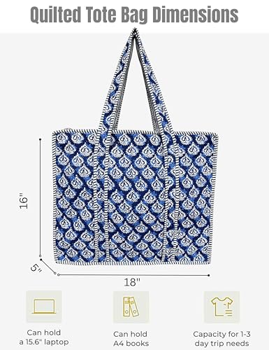 100% Cotton Quilted Tote Bag For Women (Indigo Block Print)