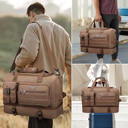 Duffle Bag for Men 60L Travel Canvas Weekender with Toiletry Bag (Brown)