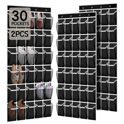 Over the Door Shoe Organizer with 30 Breathable Mesh Pockets (2PC-Black)