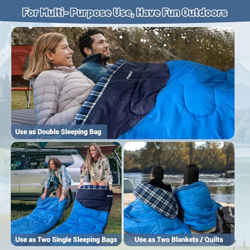 Cotton Flannel Double Sleeping Bag for Adults Machine Washable 2 Person Camping Sleeping Bag Queen Size Waterproof with Compression Sack for Cold Weather 3 (BLUE / Flannel)