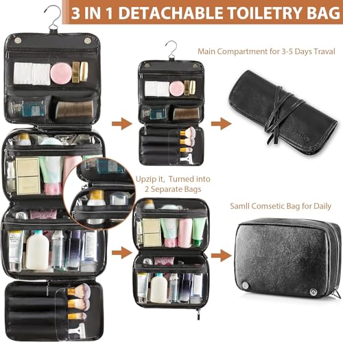 Hanging Toiletry Bag Removable Travel Bag PU leather Makeup Cosmetic Organizer Kit (Black / 1 Pack)