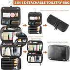 Hanging Toiletry Bag Removable Travel Bag PU leather Makeup Cosmetic Organizer Kit (Black / 1 Pack)